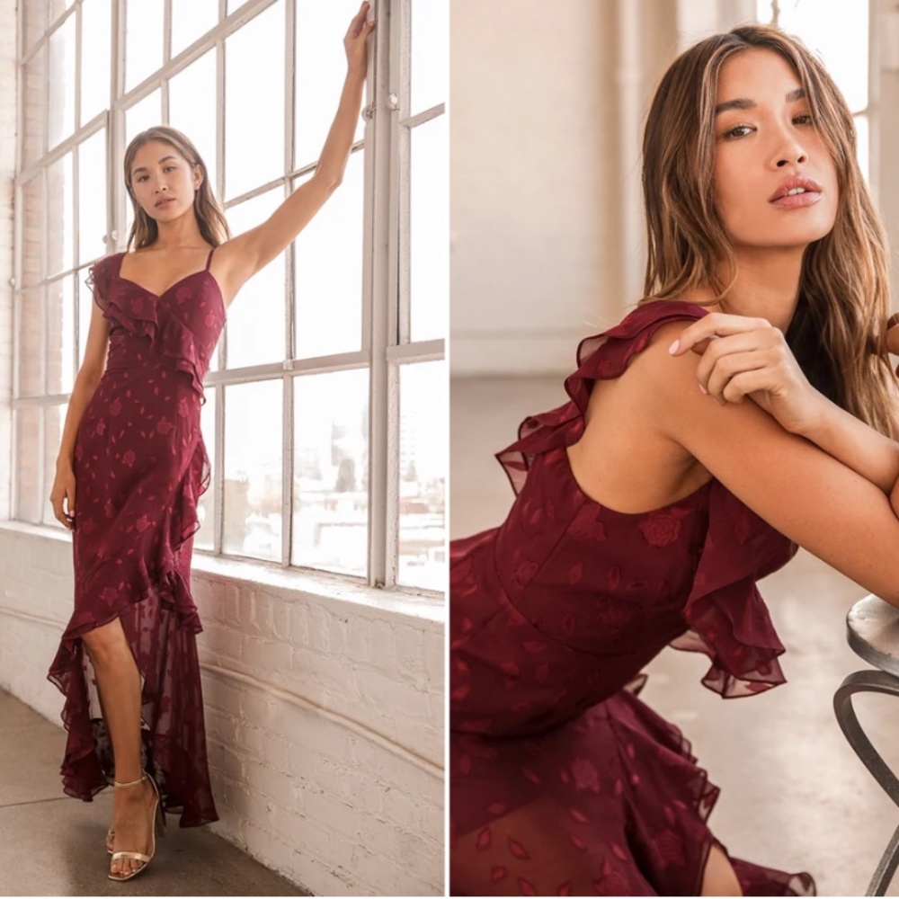 LULU's Floral Sexy Romantic Flowy Burgundy High Low Wedding  NWOT